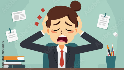 Frustrated Businesswoman Screaming with Overwork, Exhausted Female Professional Experiencing Burnout, Anxious Worker Holding Head in Despair at Office Desk - Vector Illustration