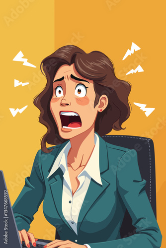 Stressed and Overwhelmed Businesswoman Screaming at Desk. Cartoon Vector Illustration of Intense Pressure, Burnout, Anxiety, Chaos, and Job Stress During Office Hours.