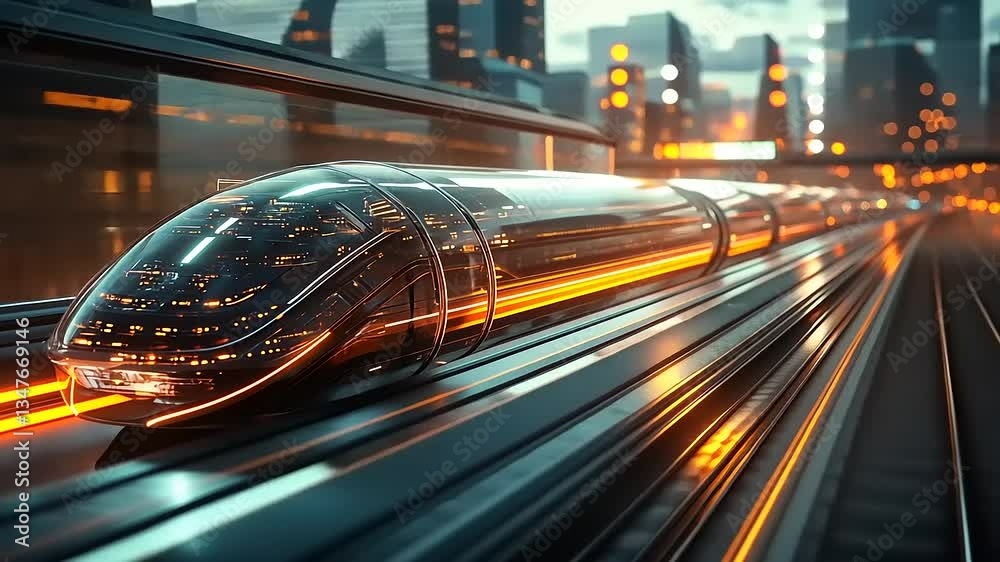 Futuristic high-speed train gliding through a neon-lit cityscape