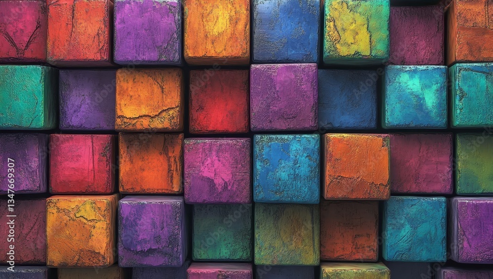 Three-dimensional rendering featuring cubes of various colours on a rainbow-coloured background Three-dimensional rendering featuring cubes of various colours on a rainbow-coloured background