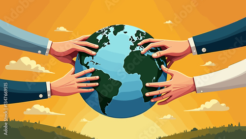 Protecting Earth: Diverse Hands Collaborating for Global Sustainability, Showing Unity and Responsibility in a World Conflict Concept Against a Serene Landscape