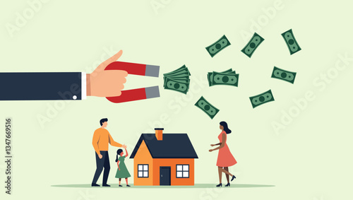 Predatory Lending: Powerful Magnet Stealing Family's Money & Home - Depicts Debt, Financial Crisis, Economic Inequality - Vector Graphic for Commercial Use