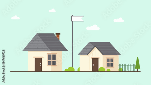 Charming Home Development Vector Illustration: Two Newly Built Houses with Blank Signboard on a Tranquil Pale Green Background for Real Estate Marketing & Design.