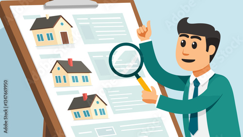Real Estate Investment Opportunity: Vector Graphic of a Cheerful Investor Examining Housing Listings with Magnifying Glass for Profitable Deals, Investment Analysis and Potential Growth