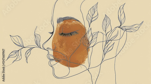 Serene Minimalist Line Art Portrait of a Woman with Leaves: Elegant and Peaceful Aesthetic