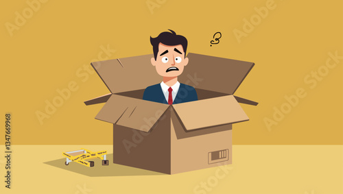 Feeling Boxed In: Cartoon Businessman Trapped in Cardboard Box, Under Pressure, Lost Opportunity, Stagnation. Metaphor for Limitation, Isolation and Workplace Stress - Vector Illustration.