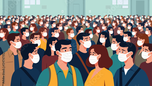 Diverse Crowd Wearing Face Masks - Public Health Vector Illustration: A large gathering of people wearing medical face masks, safety, pandemic prevention, virus protection.