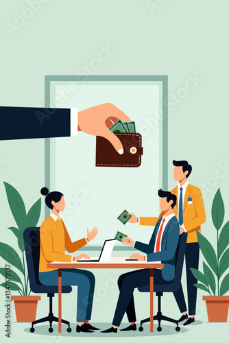 Corporate Greed Stealing From Small Business: Hand Grabbing Wallet Full of Money in Financial Trouble & Desperate Businessman Trying to Pay. Vector Illustration for Economy, Corruption.