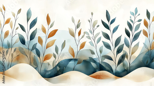 Serene Watercolor Botanical Painting: Elegant Leaves in Blue, Orange & Beige