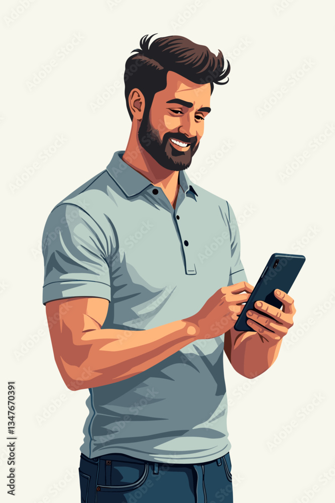 Smiling Man Using Mobile Banking App on Smartphone for Easy Money Transfer, Online Payment and Financial Transactions, Vector Illustration for Fintech and Lifestyle