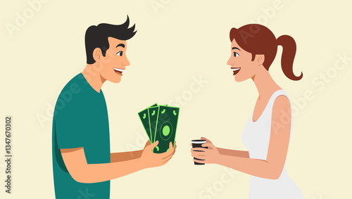 Modern Vector Illustration:  Smiling Man Handing Cash to Woman, Financial Support, Divorce, Agreement, Alimony, Child Support, Generosity, Family Law,  Wealth Transfer,  Payment.