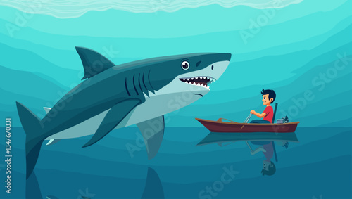 Cartoon Encounter: Man in Rowboat Meets a Curious Shark in the Deep Blue Ocean. Adventure, Danger, and Wildlife. Vector Graphic for Storytelling, Education, and Design.