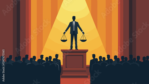 Justice Weighs Heavily: Illustrative Vector Graphic of a Silhouetted Judge Holding Scales in a Courtroom Setting, Overlooking an Audience, Ideal for Legal Themes & Concepts