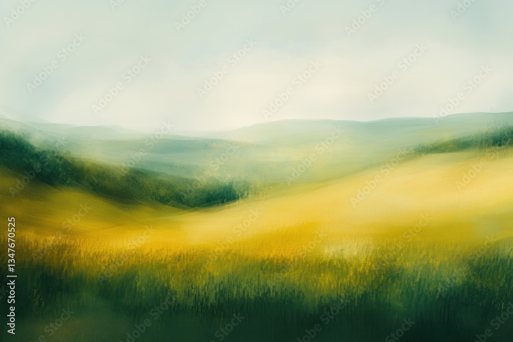 Obraz premium Serene rolling hills landscape, sunlit meadow, misty background, idyllic nature scene