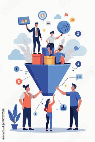 Vibrant Marketing Funnel Illustration: Team Optimizing Customer Conversion Rates for Business Growth, Sales Strategy, Vector Graphic for Digital Marketing, Business Processes