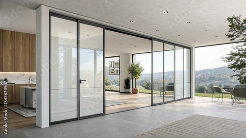 Contemporary Sliding Door: Design a modern sliding door with a track system. Include floor-to-ceiling glass panels and a minimalist frame to convey a sense of openness and modernity, ideal for a conte