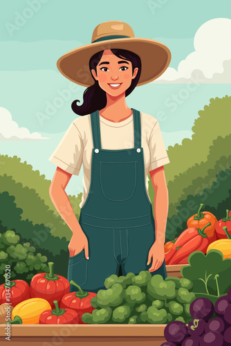 Cheerful Female Farmer at Colorful Farmers Market Stand: Selling Fresh, Locally Grown Vegetables, Fruits, and Produce - Peppers, Tomatoes, Grapes, Lettuce, and More!