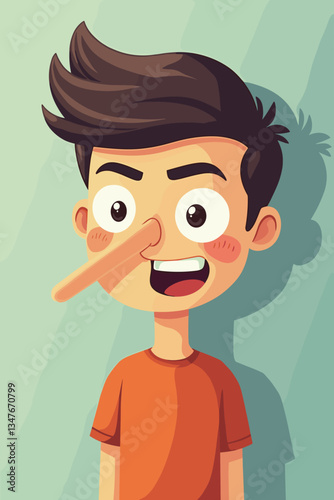 Exaggerated Cartoon Boy with Growing Nose: A Visual Metaphor for Dishonesty, Childhood Lies, and Consequences. Educational Illustration for Ethics and Character Development