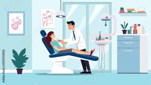 Bright, Modern Dental Clinic Vector Illustration: Dentist Examining Patient's Teeth in Comfortable Chair. Perfect for Healthcare Marketing & Dental Education!