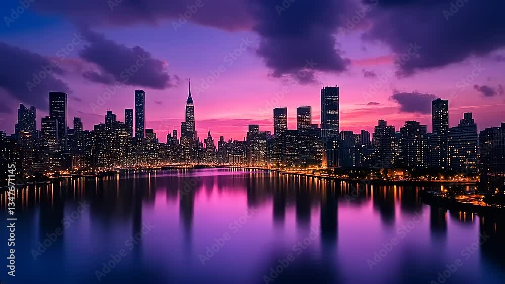 Vibrant city skyline at dusk reflecting on water Vibrant city skyline at dusk reflecting on water