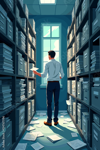 Frustrated Office Worker Scouring Chaotic Archive Room for Lost Files - Vector Illustration of Bureaucracy, Mismanagement, and the Pain of Searching Through Paperwork