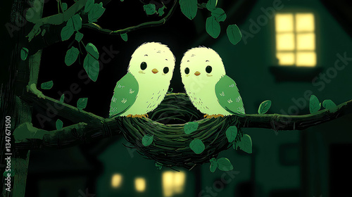 Two Lovebirds in a Nest at Night: A Serene and Romantic Artwork
