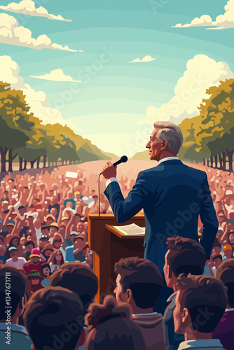Energetic Politician Delivers Speech at Lively Outdoor Rally to Diverse, Enthusiastic Supporters - A Powerful Image of Leadership, Engagement, and Civic Participation