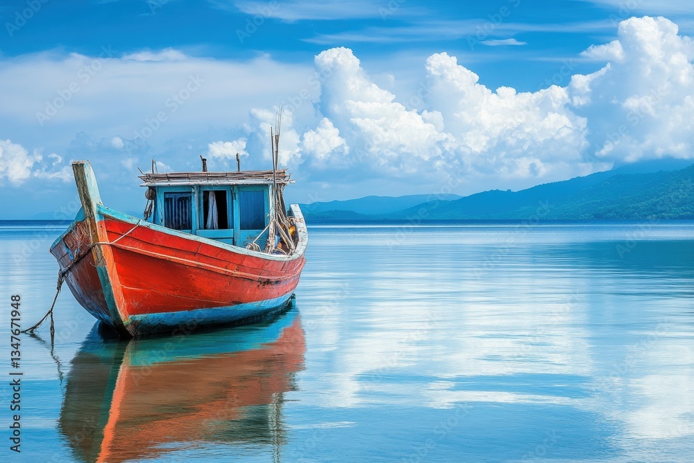 Obraz premium Traditional Fishing Boat in Calm Bay Waters