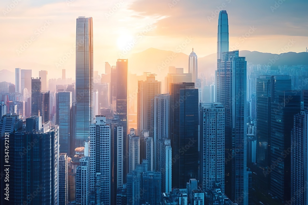 Obraz premium Explore a hypnotic city of the future where radiant skyscrapers blend with solar energy, igniting limitless possibilities.