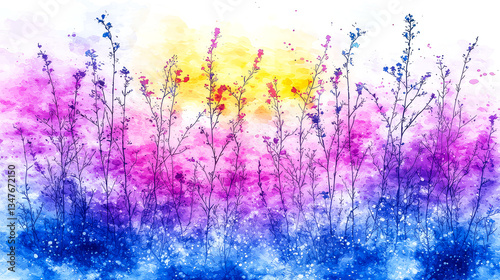 Sunset Landscape Painting: Vibrant Flowers in a Field, Artistic Watercolor Impressionism