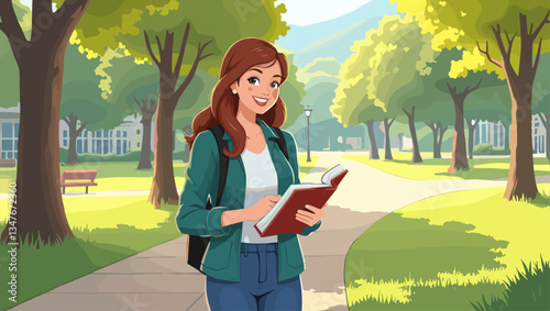 Cheerful University Student Reading & Studying Outdoors: Vector Graphic of a Smiling Woman with Book in Park, Academics, Back to School, Education, Campus Life Illustration
