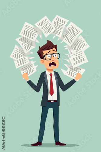 Cartoon Businessman Overwhelmed by Documents & Stress. Deadline Pressure in Corporate Job. Conceptual Vector Illustration for Employee Burnout, Workplace Fatigue, and Workload Management.