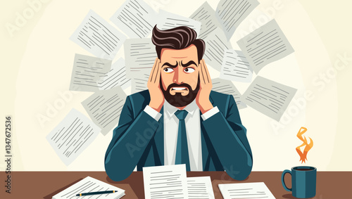 Overwhelmed Businessman Vector: Drowning in Paperwork, Deadline Pressure. Stressed Accountant Facing Document Overload. Vector Illustration of Burnout, Frustration, Work Stress