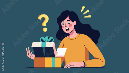 Cheerful Woman Opening Gift Box with a Question Mark, Surprise and Joy! Birthday Celebration, Holiday Gift, Festive Occasion, Flat Vector Graphic, Gift Card Included