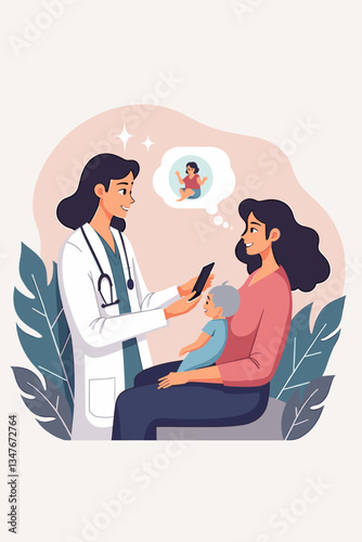 Convenient Telehealth Pediatric Consultation: Smiling Doctor Providing Virtual Healthcare Advice to Mother and Baby with Tablet, Child Health, Online Visit Vector Graphic