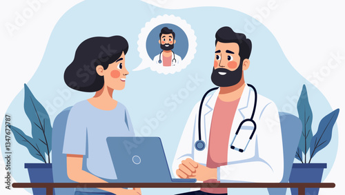 Engaging Telemedicine Consultation: Empathetic Doctor Provides Online Counseling & Support to a Woman, Offering Mental Health Guidance with Virtual Technology.