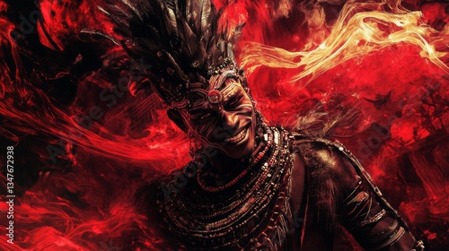 A powerful and highly detailed image of Eshu on the right hand of the image, depicted as a divine trickster with an enigmatic smile, wearing elaborate tribal attire, surrounded by swirling energy, dee