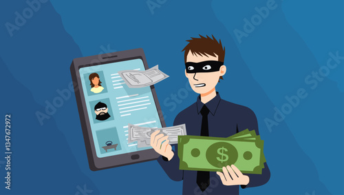 Hacker Stealing Digital Identity and Funds with Mobile Phishing Scam. Cyber Crime Illustration of Online Theft Targeting Mobile Banking and Account Security from a Connected Device.