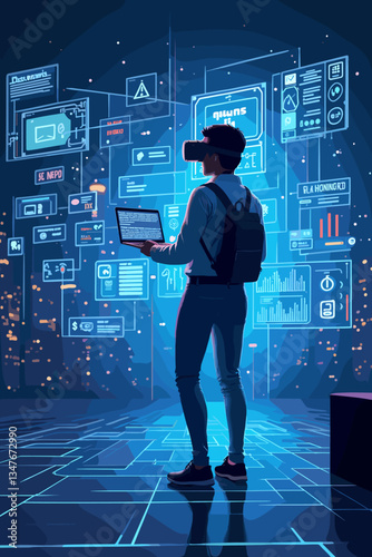 Immersive Virtual Reality: Man with VR Headset & Laptop Navigating Futuristic Interface for Gaming, Education, Business & Metaverse Exploration. High-Tech Digital World, Blue