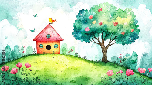 Watercolor Painting of a Charming House on a Hill, Surrounded by Lush Greenery and Colorful Flowers
