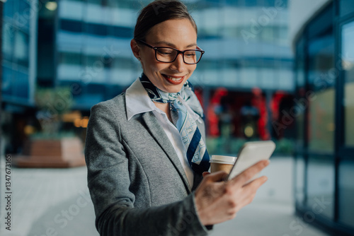 Smiling flight attendant using smartphone and holding coffee outside airport