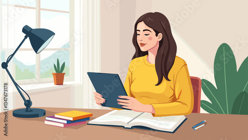 Young Woman Learning Online Using Tablet At Home: Education, Studying, Remote Work, Webinar, E-Learning, Internet Connection, Homework, Books, Window, Peaceful Ambiance Vector