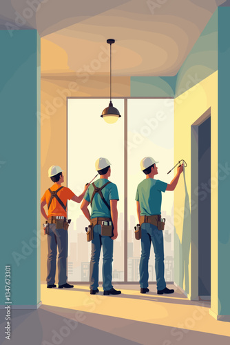Renovating a Modern Apartment: Painting, Electrical Work & Construction, Three Skilled Tradesmen, Interior View, Colorful Vector Illustration with Cityscape in Background.