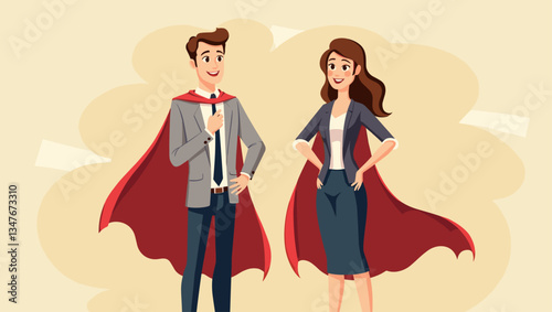 Empowered Business Duo: Confident Businessman and Businesswoman in Flowing Red Capes Ready to Conquer Challenges, Perfect for Leadership, Teamwork, and Success Concepts
