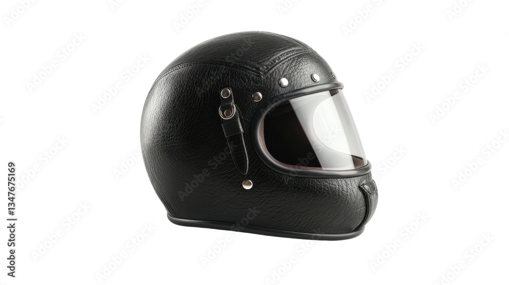 Obraz premium Black leather motorcycle helmet isolated on transparent background