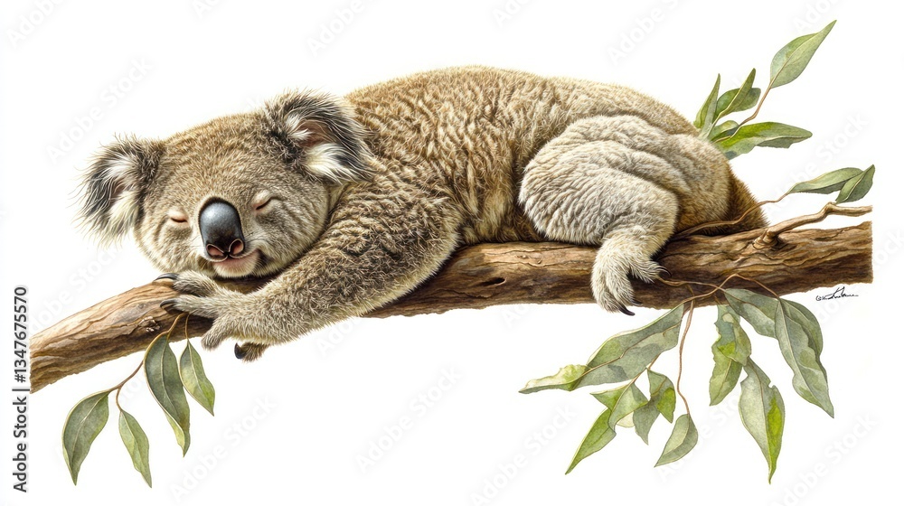 Sleepy Koala on Branch, Peaceful Australian Wildlife, Nature Scene, Digital Art, Background of Eucalyptus Leaves, for Print, Wall Decor, or Social Media Sleepy Koala on Branch, Peaceful Australian Wildlife, Nature Scene, Digital Art, Background of Eucalyptus Leaves, for Print, Wall Decor, or Social Media