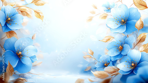 Blue Floral Wallpaper: Elegant Gold Leaves and Blossoms