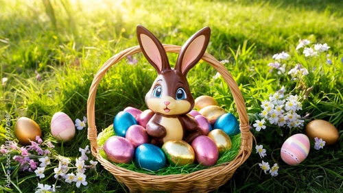 A basket filled with chocolate easter eggs sitting on top of a lush green field.