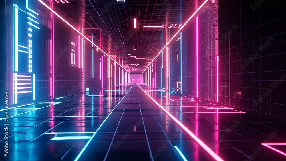 Futuristic Neon Corridor with Glowing Lights and Reflections Futuristic Neon Corridor with Glowing Lights and Reflections