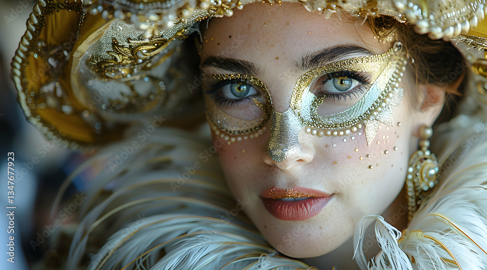 Close Up Portrait Of Woman In Gold And White Venetian Carnival Mask Close Up Portrait Of Woman In Gold And White Venetian Carnival Mask